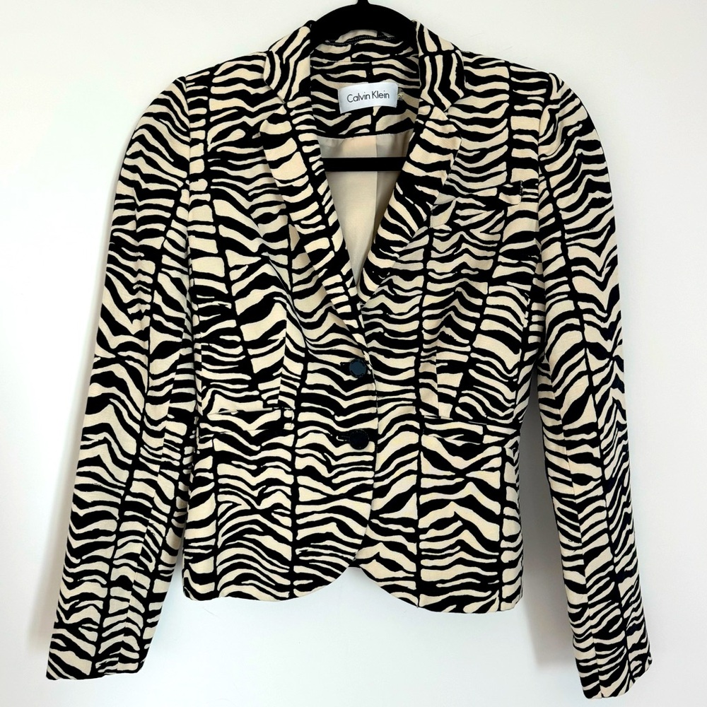 Calvin Klein Beige Cream Black Zebra Print Linen Blend Blazer Size 2